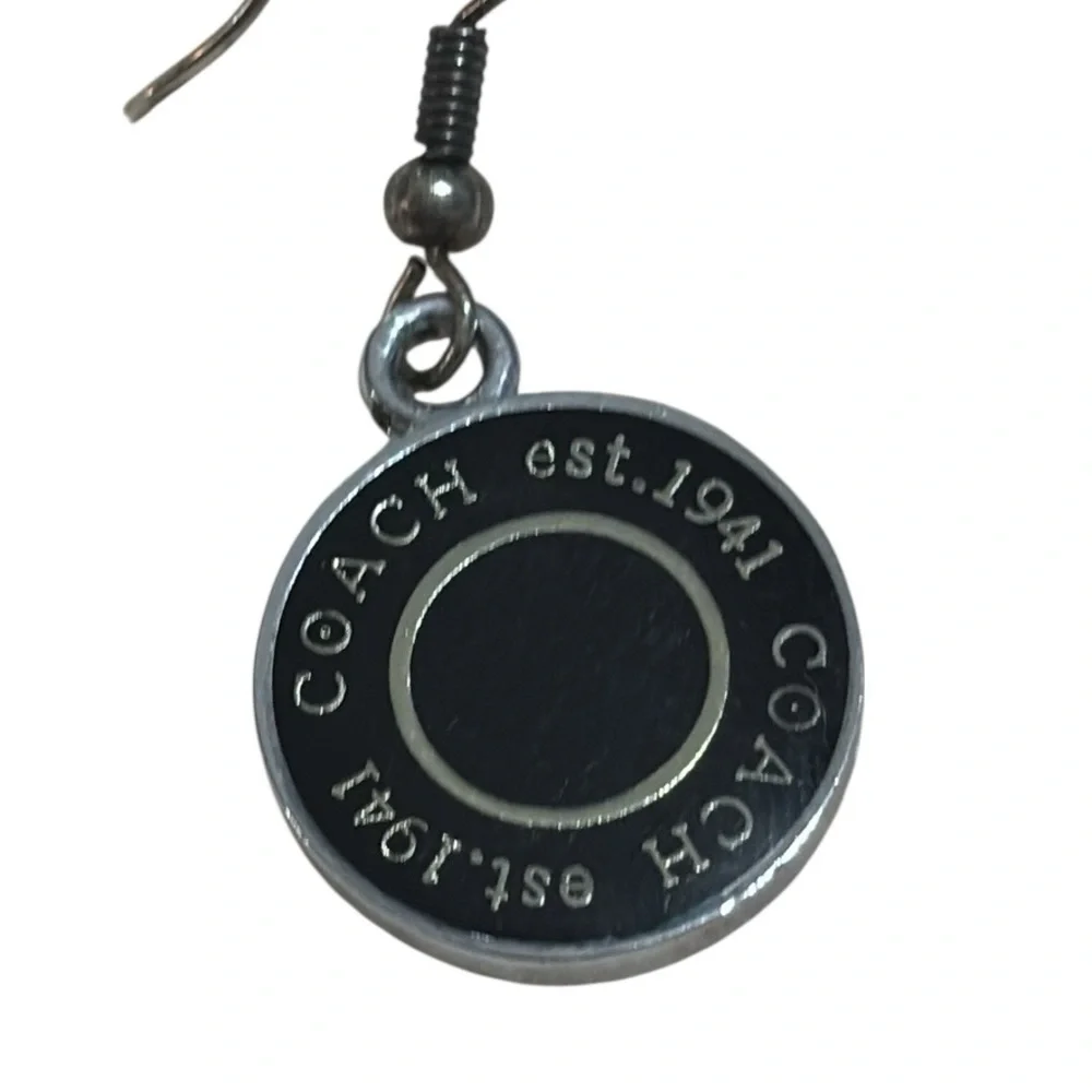 Coach Dangle Black and Silver Enamel Disc Earrings, hooks - Picture 2 of 4